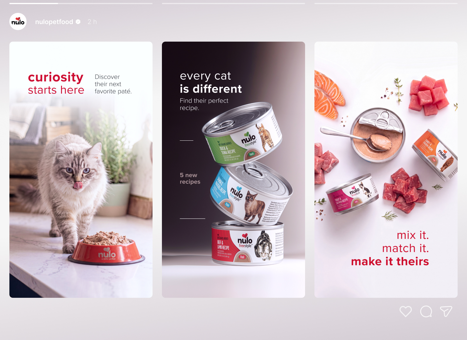 Three vertical Nulo ads: left shows a cat at a bowl with paté and 'curiosity starts here' text, right next to plants; middle features stacked canned cat food with 'every cat is different' message; right displays assorted cat meals and 'mix it, match it, make it theirs' phrase.