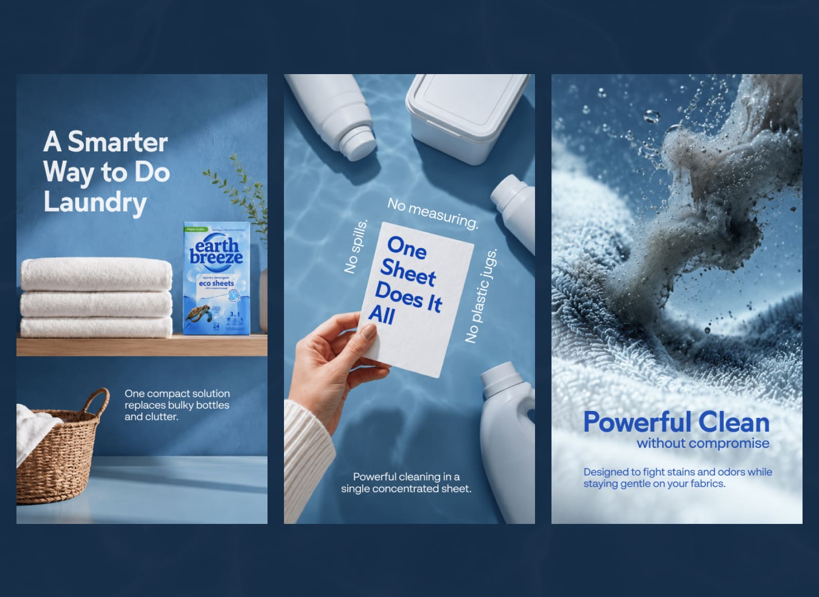 Blue triptych ad for laundry products: left panel shows towels and Eco Sheets box; center panel highlights 'One Sheet Does It All' note; right panel depicts foaming wash with 'Powerful Clean' slogan.