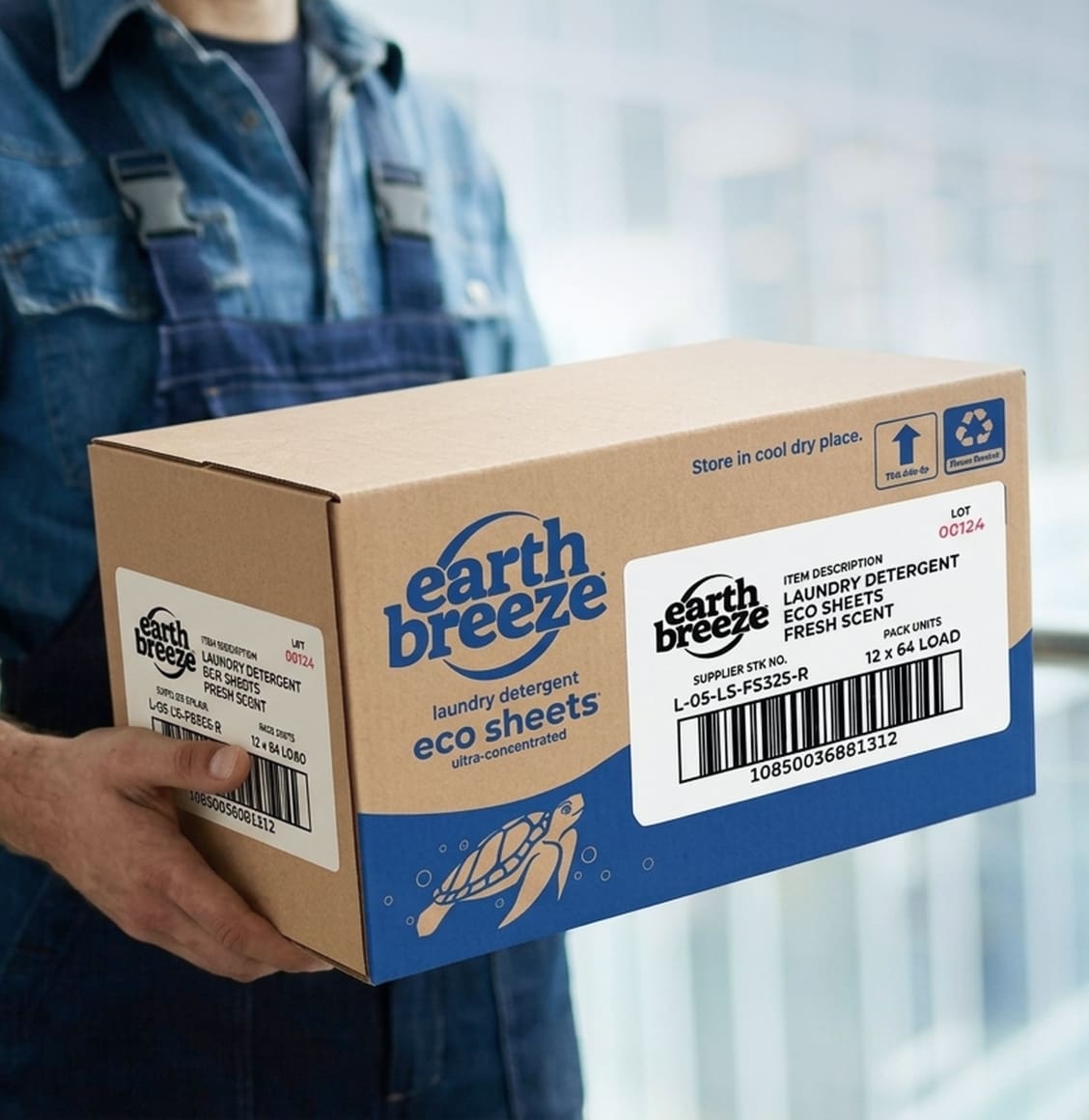 Person in denim overalls holding a box of Earth Breeze laundry detergent eco sheets.