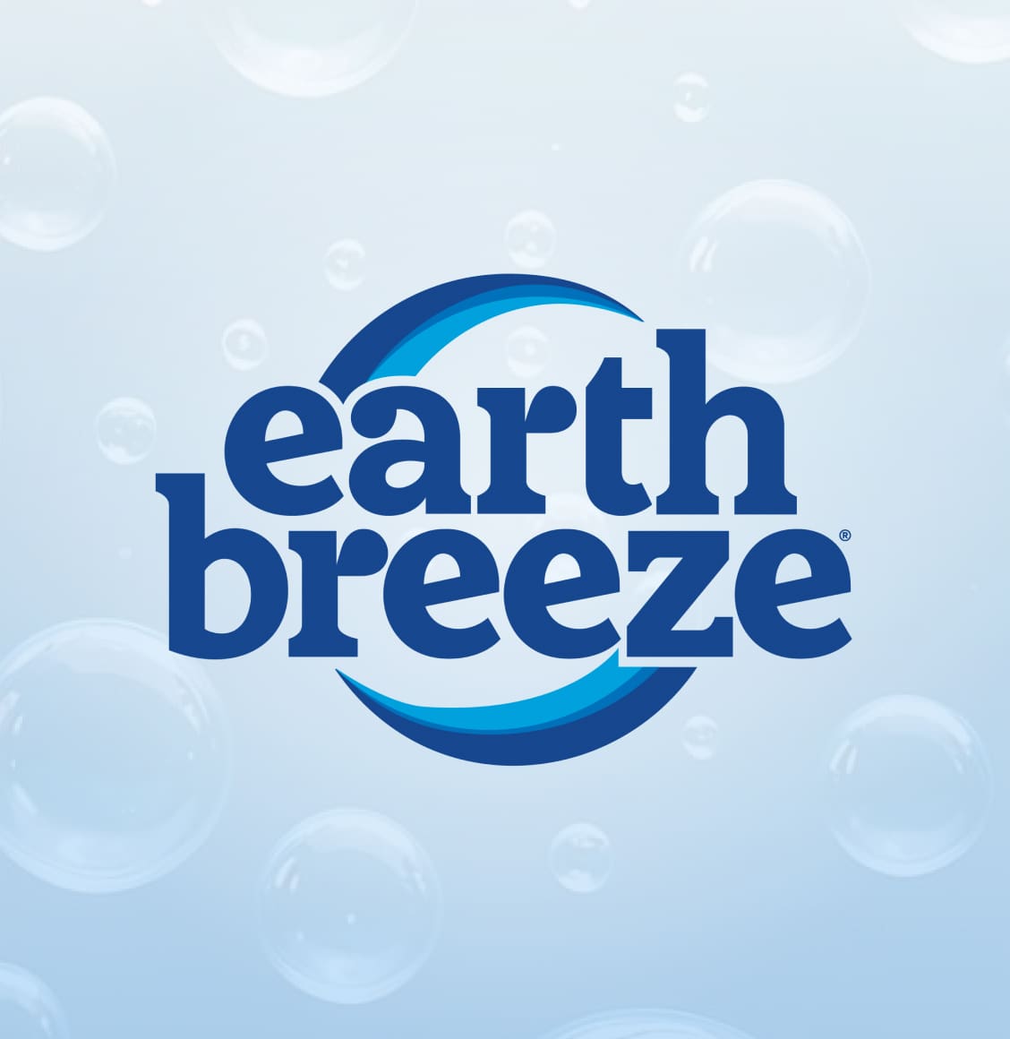 Earth Breeze logo with a blue swoosh and bold wordmark on a pale blue, bubbly background.