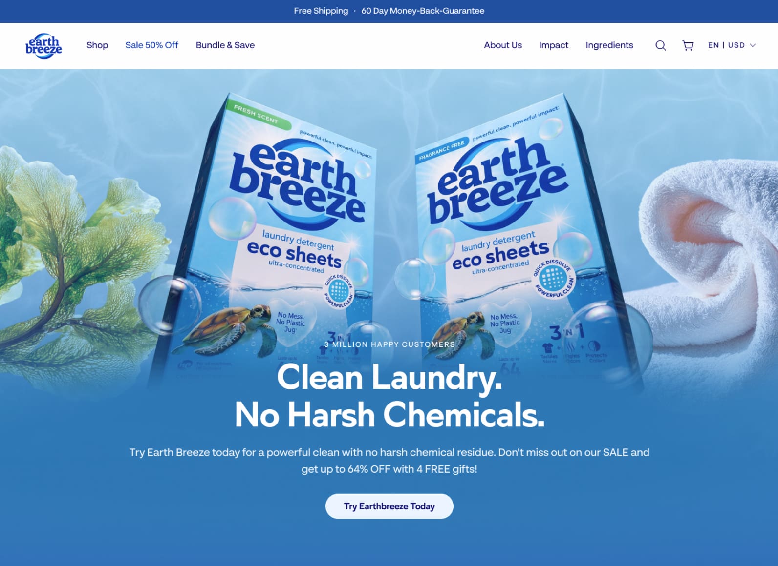 Hero banner with Earth Breeze laundry detergent boxes against a blue water background and the headline 'Clean Laundry. No Harsh Chemicals.' with a 'Try Earthbreeze Today' button nearby.
