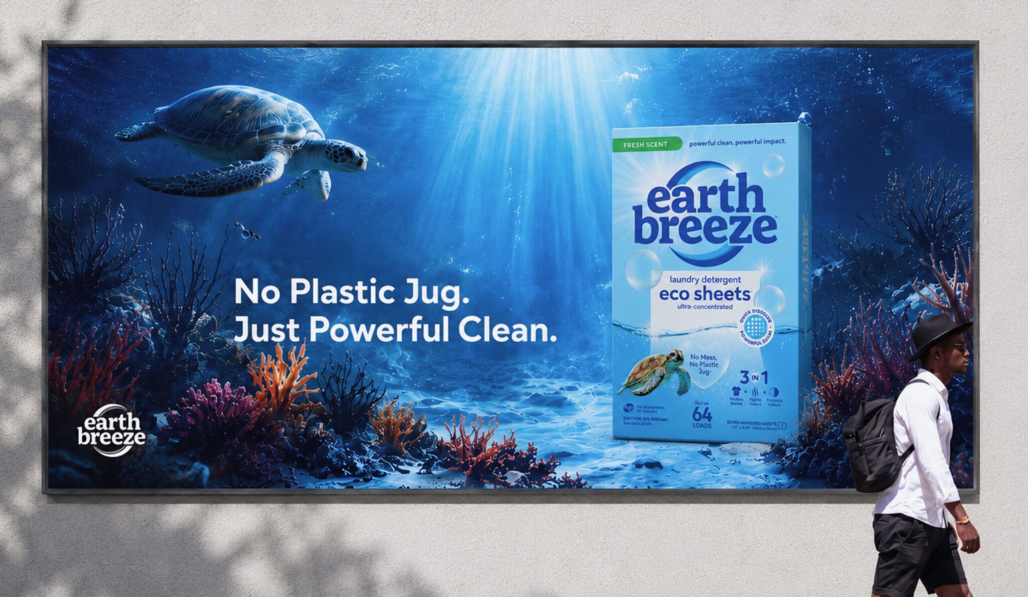 Billboard featuring a sea turtle swimming toward an Earth Breeze laundry detergent box with the slogan 'No Plastic Jug. Just Powerful Clean.'