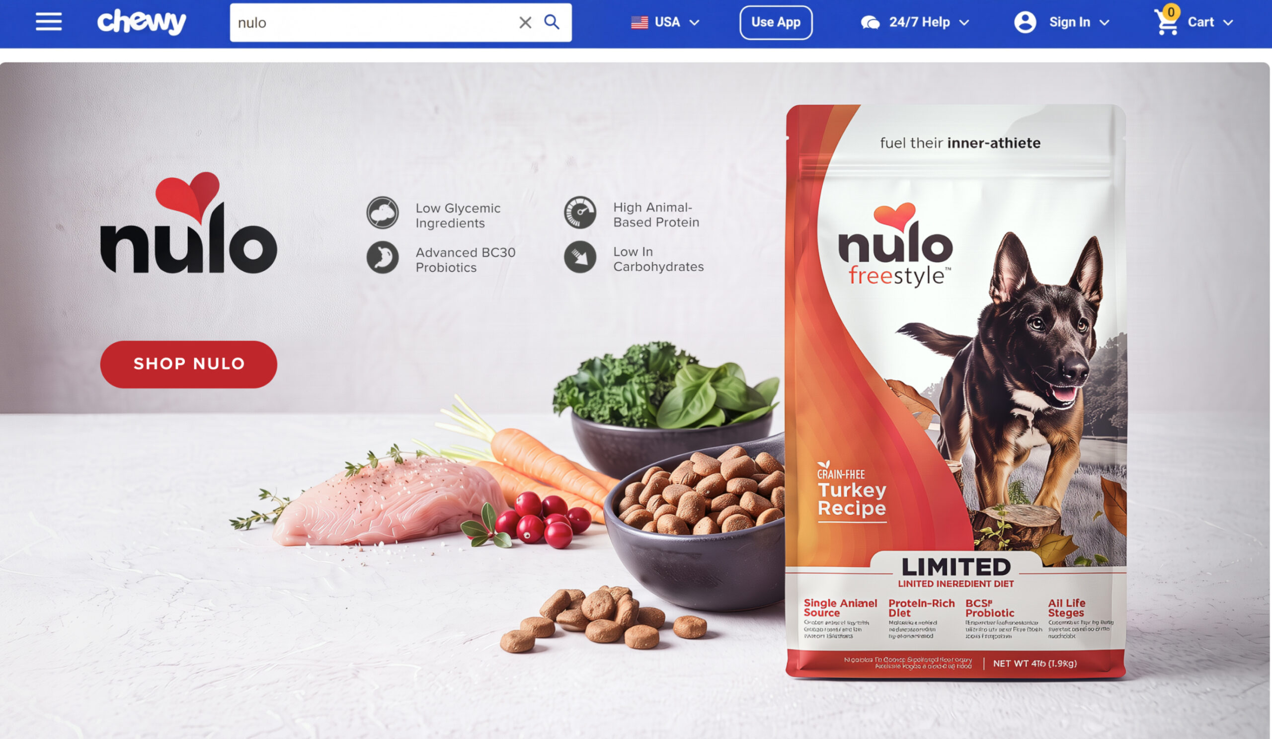Banner ad for Nulo pet food showing a Nulo Freestyle turkey recipe bag with fresh meat and vegetables on a white surface; 'Shop Nulo' button visible.