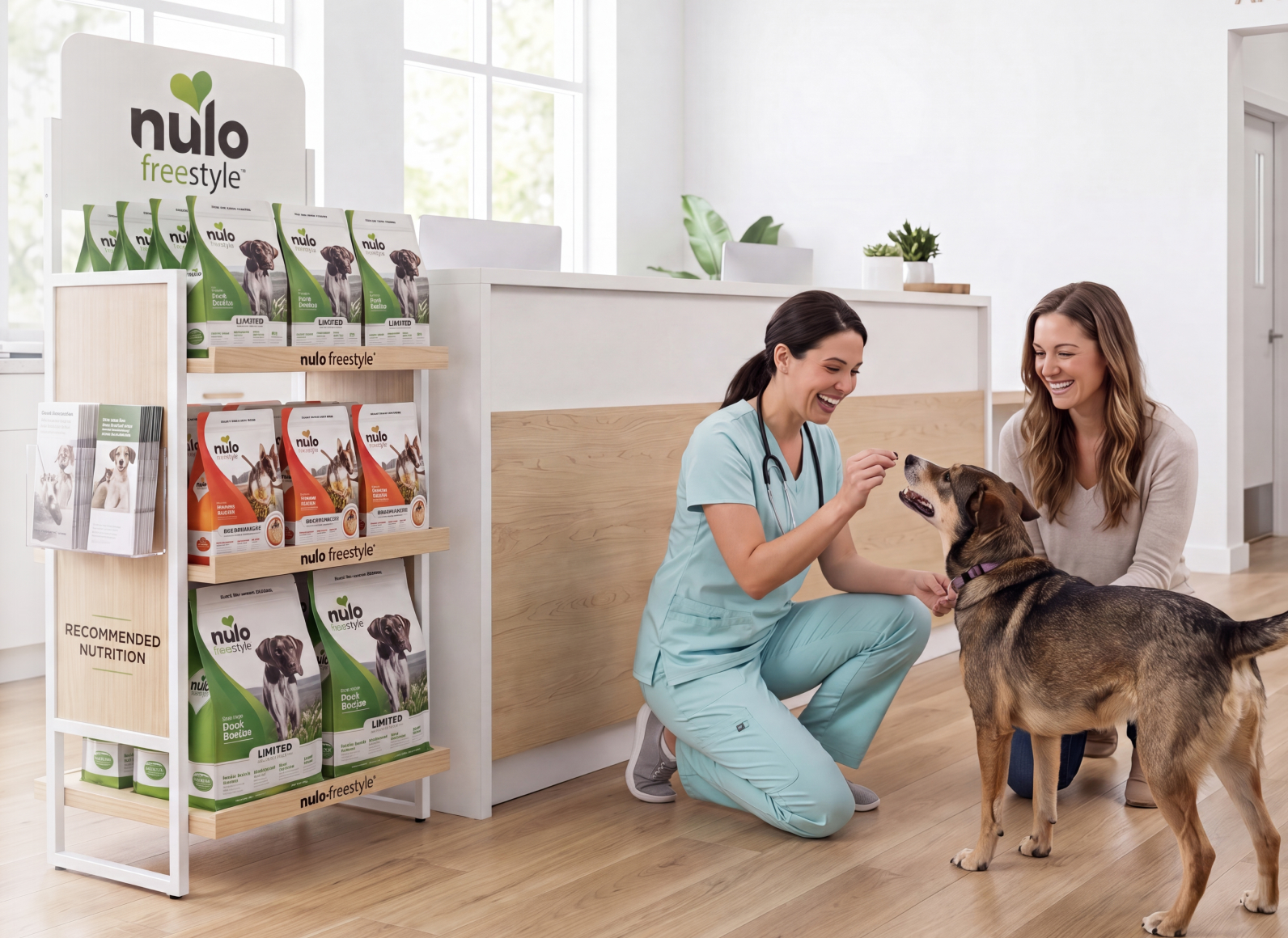 Vet in teal scrubs kneels to give a treat to a dog while a smiling woman watches in a bright veterinary clinic.