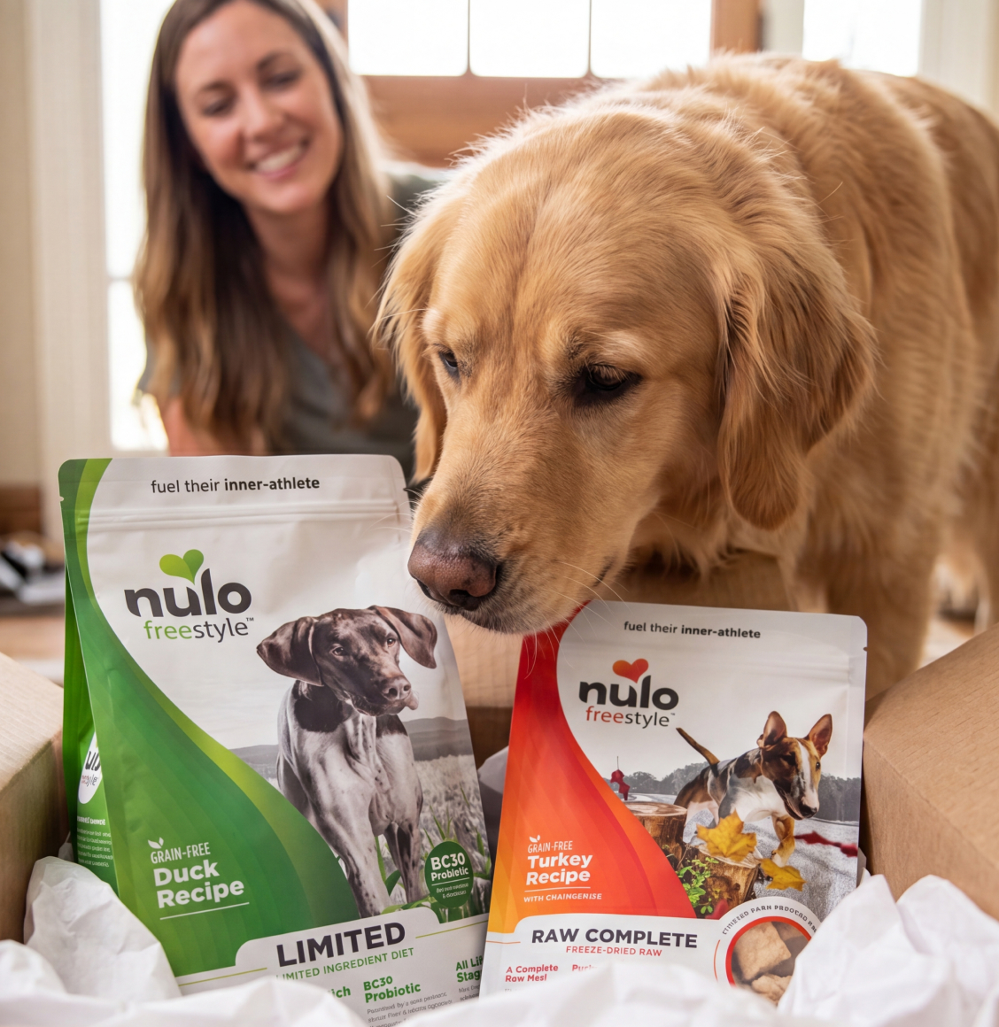 Golden retriever sniffing two bags of Nulo Freestyle dog food on the floor, with a smiling woman in the background in a home setting.