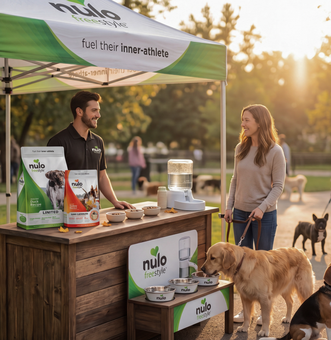 Outdoor booth promoting Nulo Freestyle dog food at a park; man behind the counter with product bags, bowls and a water dispenser, a woman with a leash and dogs nearby.