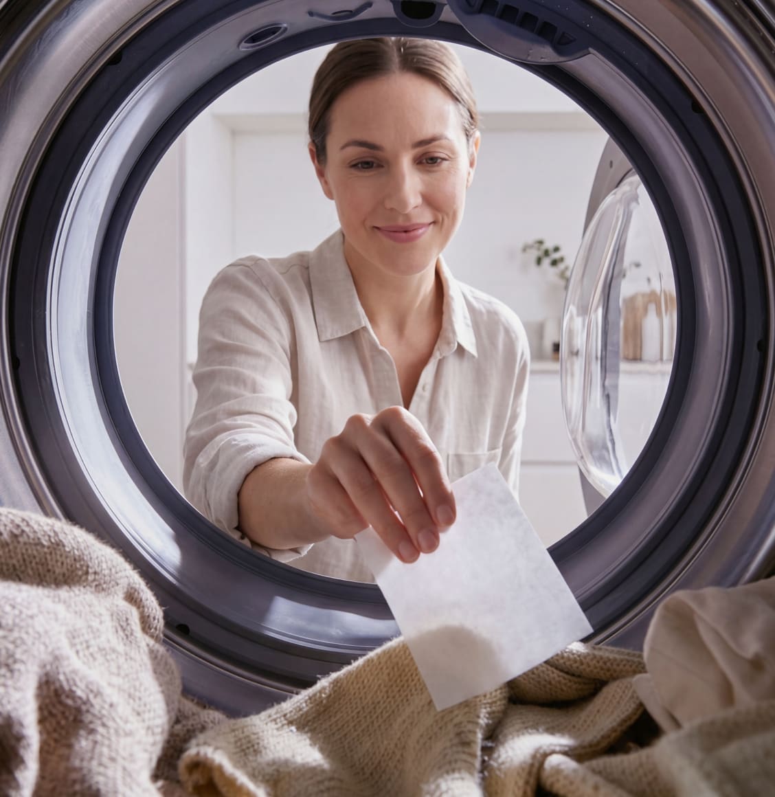 Woman smiling as she places a laundry sheet into a front-loading washing machine.