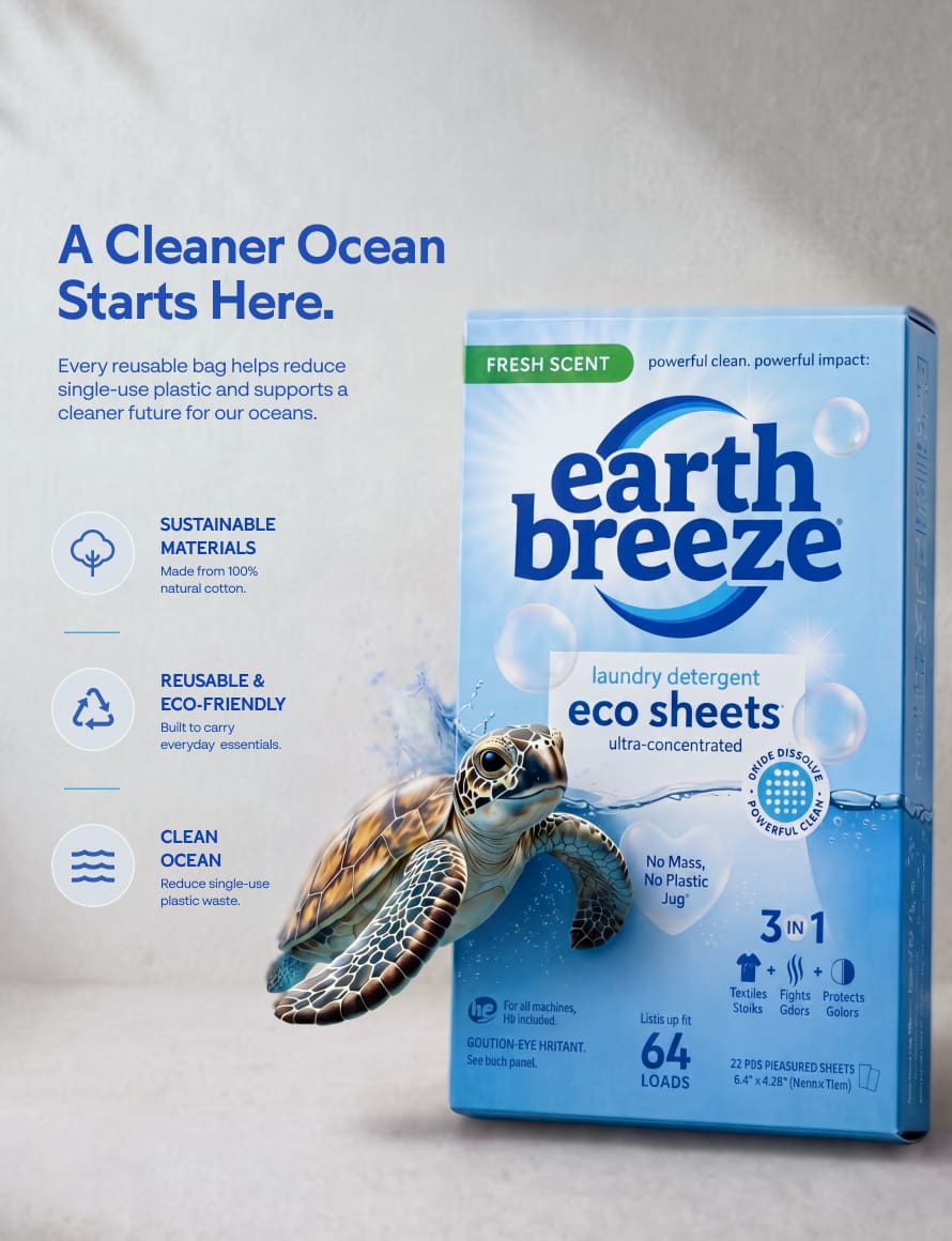 Earth Breeze laundry detergent eco sheets box with a swimming turtle beside it and the headline “A Cleaner Ocean Starts Here.”
