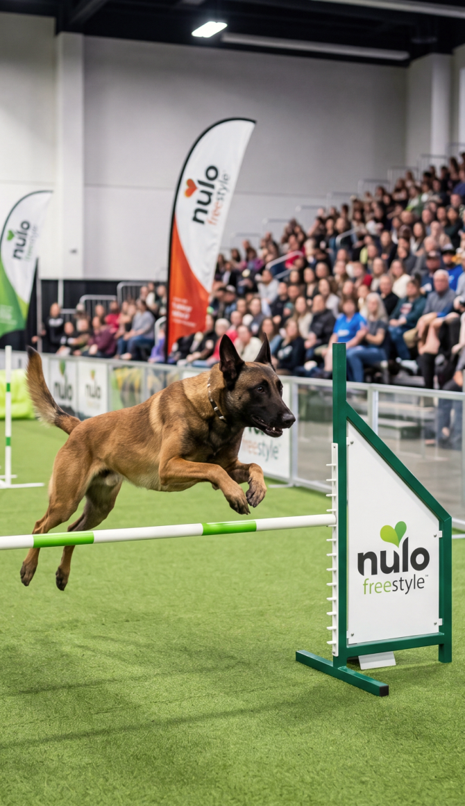 German Shepherd leaping over a hurdle at an indoor dog agility competition with spectators in the stands behind it.