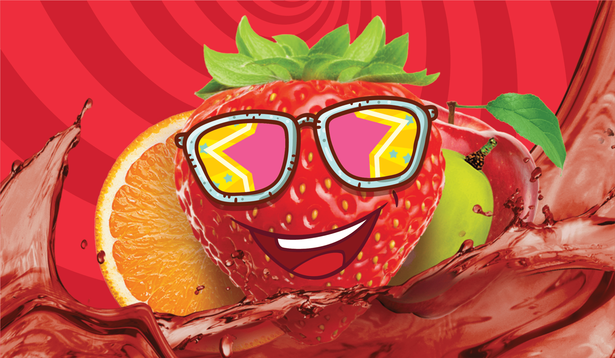Cartoon strawberry wearing colorful sunglasses with a big grin, surrounded by orange slices and juice splashes on a red background.
