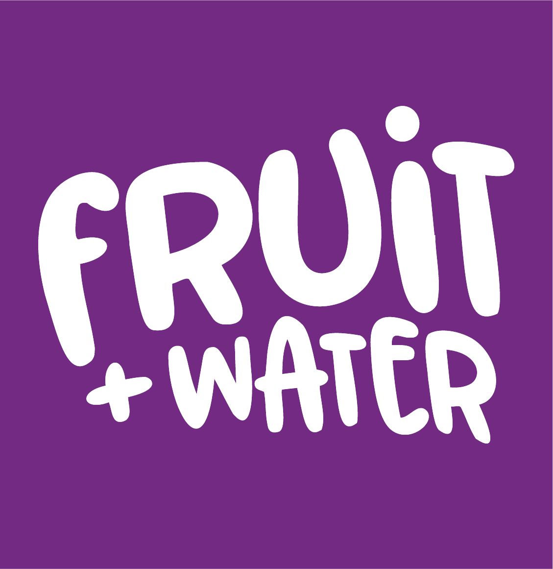 Logo on a purple background with bold white text reading 'FRUIT + WATER' in a playful handwritten style