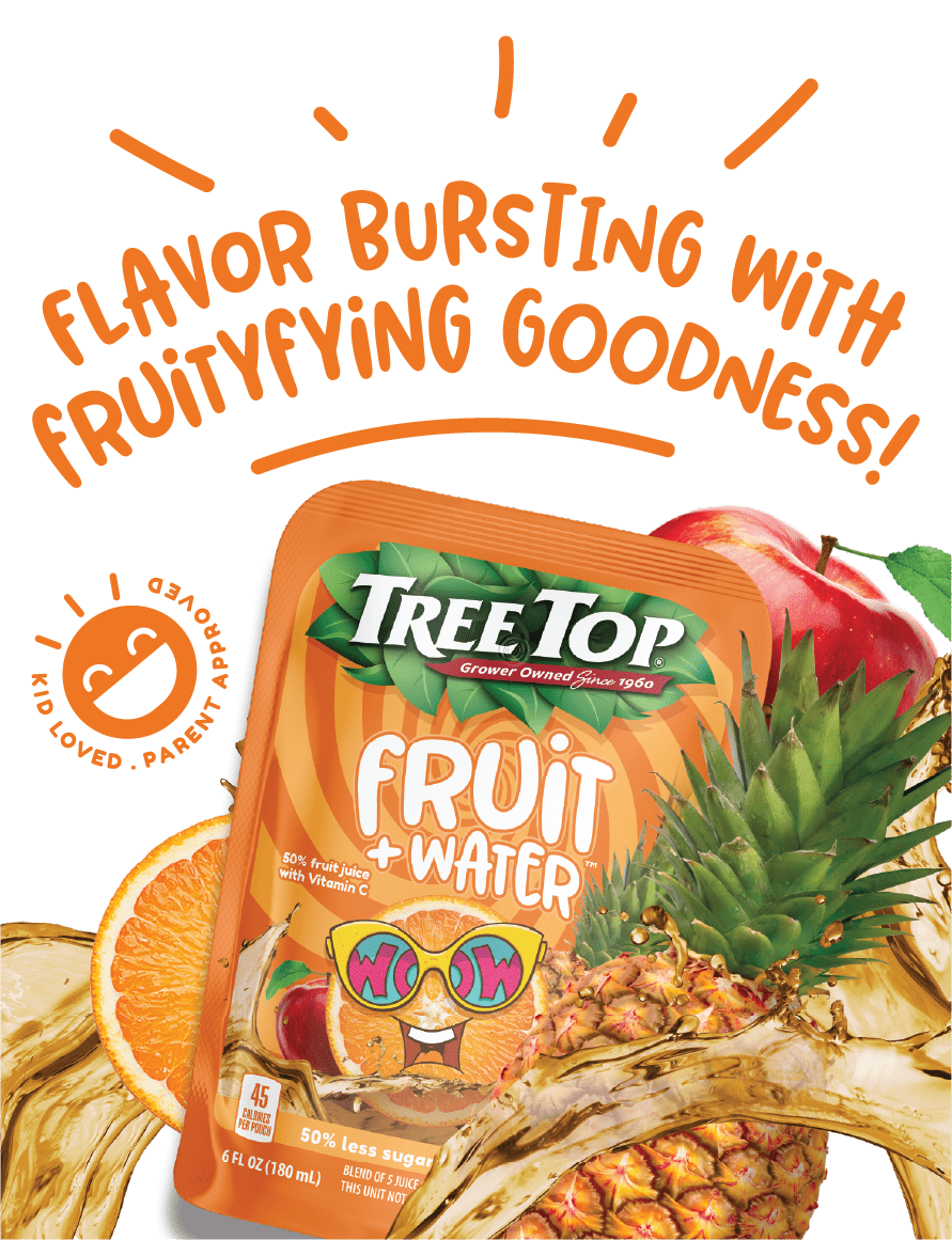 Orange fruit juice pouch labeled Tree Top Fruit Water with pineapple and orange imagery, curved slogan above reads 'Flavor bursting with fruitifying goodness!'