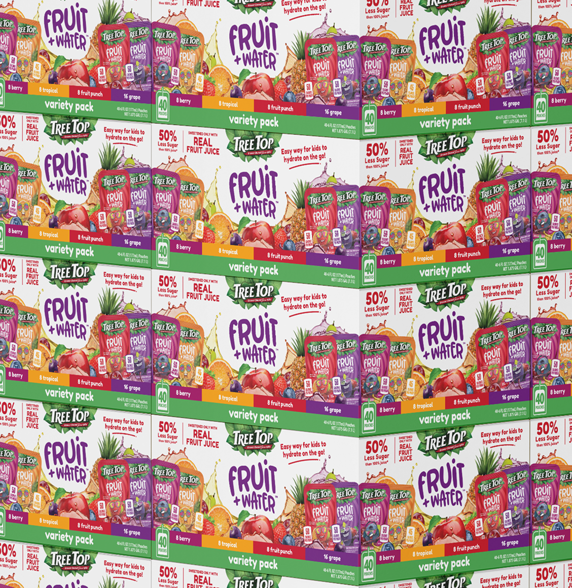 Boxed variety packs of Tree Top Fruit + Water juice boxes arranged in a repeating pattern, showing colorful fruit graphics.