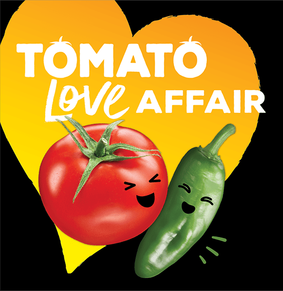 Bright yellow heart background with the words 'Tomato Love Affair' and a smiling tomato and green pepper as characters, playful branding image.