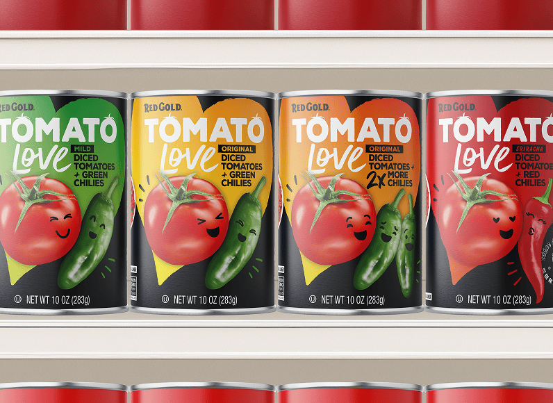 Row of Red Gold Tomato Love canned tomatoes on a store shelf, with colorful labels showing a tomato and chilies.