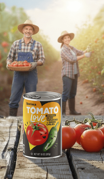 Can of Red Gold Tomato Love tomato product on a wooden crate in the foreground, with a sunlit tomato field and two farmers in straw hats harvesting tomatoes in the background.