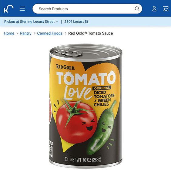 Can of Red Gold Tomato Love: Original Diced Tomatoes + Green Chilies on a yellow-black label with a smiling tomato and green chili cartoon