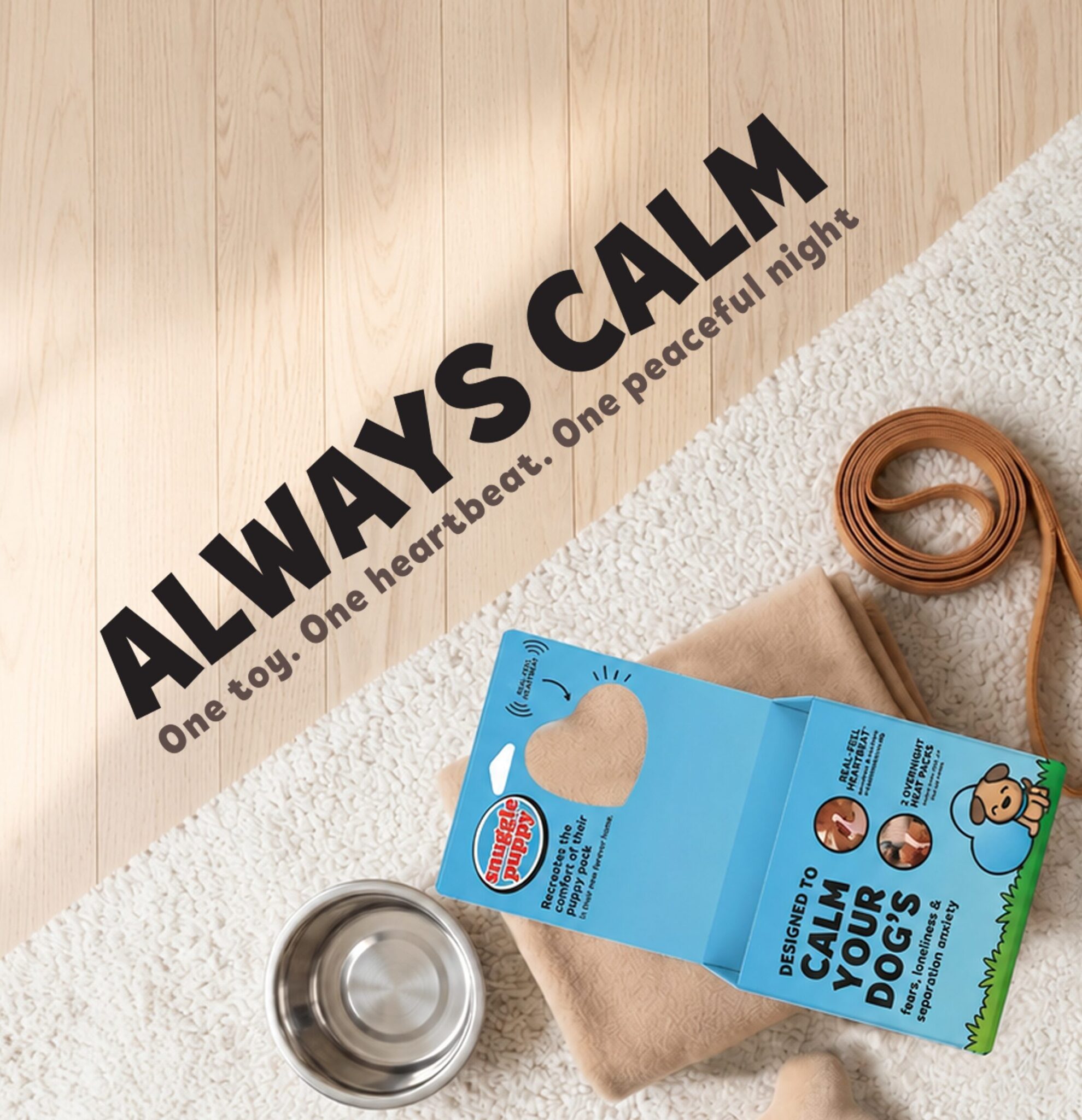 Blue box of pet calming treats on a beige rug, with a coiled leash and metal bowls nearby on a wooden floor.