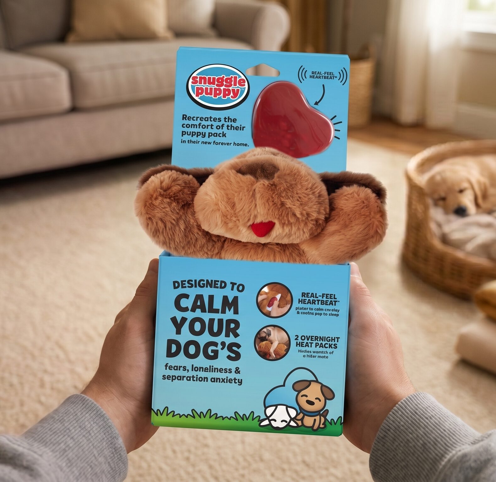 Blue Snuggle Puppy product box with a plush brown dog visible in a cozy living room.