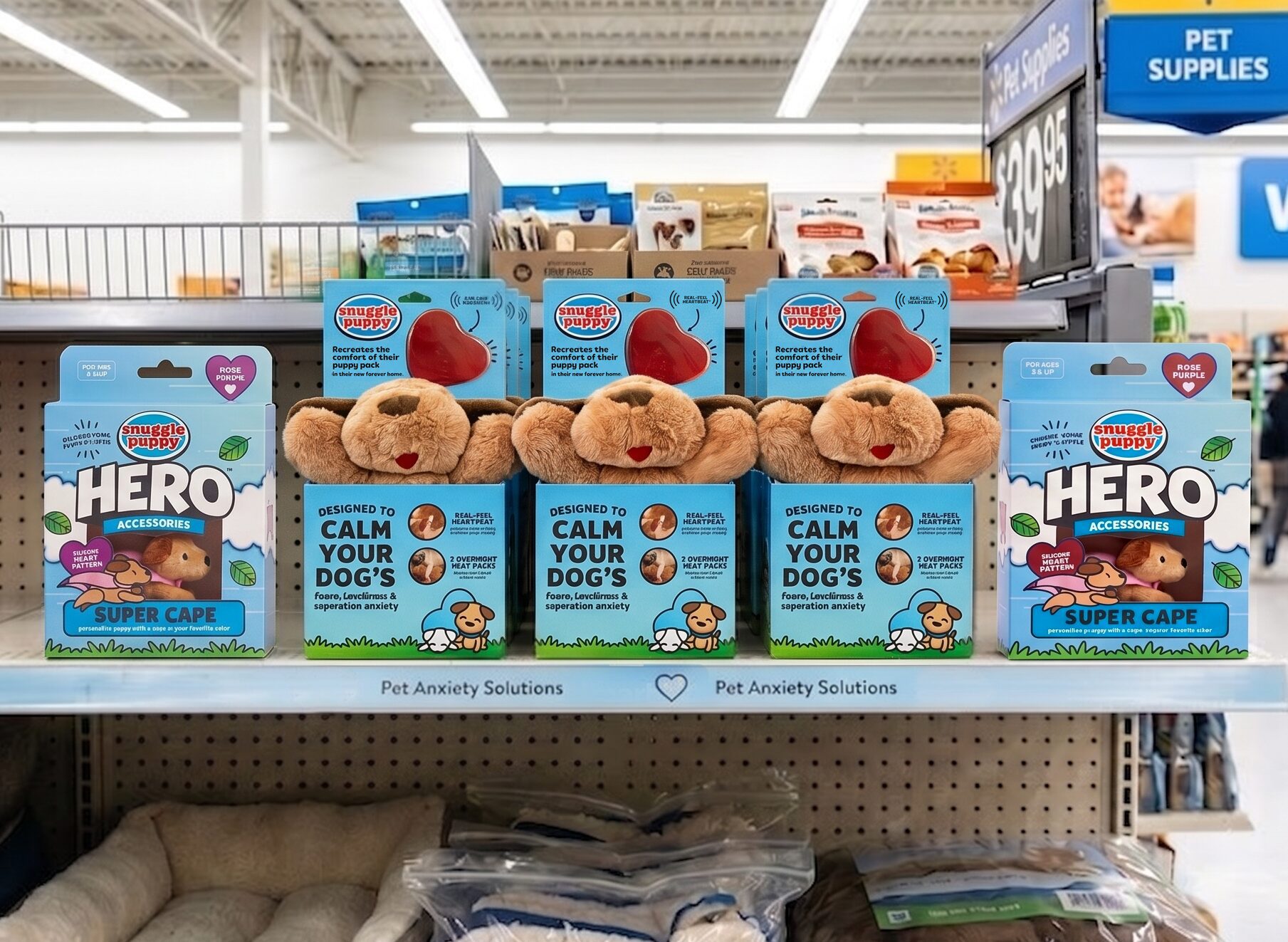 Row of Snuggle Puppy Hero dog accessories and plush toys on a store shelf.