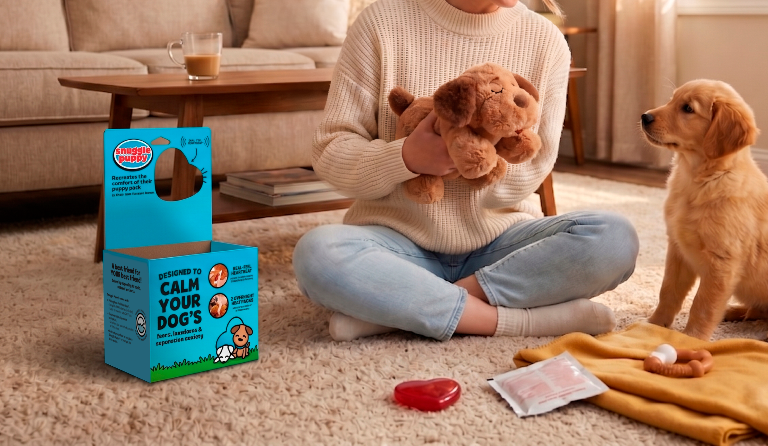 Person sitting on a carpet holding a plush puppy beside a blue Snuggle Puppy box as a golden retriever watches nearby.