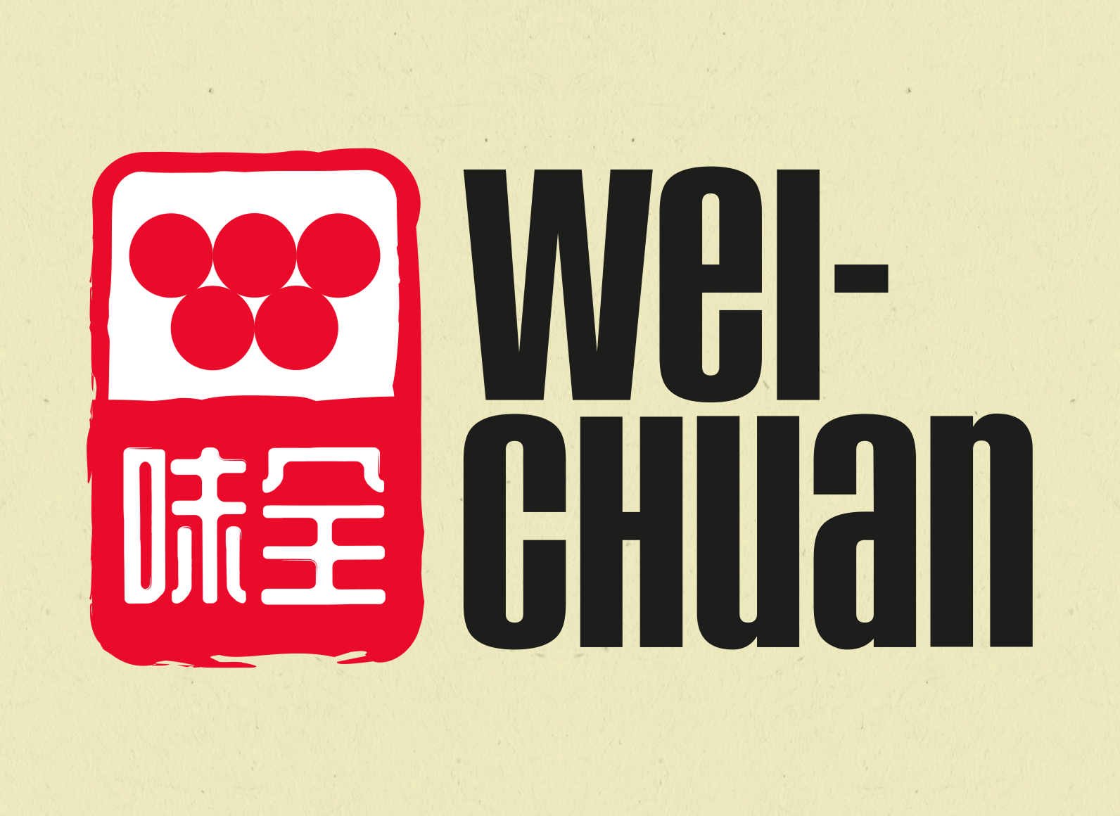 Wei-Chuan logo: red emblem with rounded rectangle and five red circles beside bold black 'Wei-Chuan' text on a pale beige background.