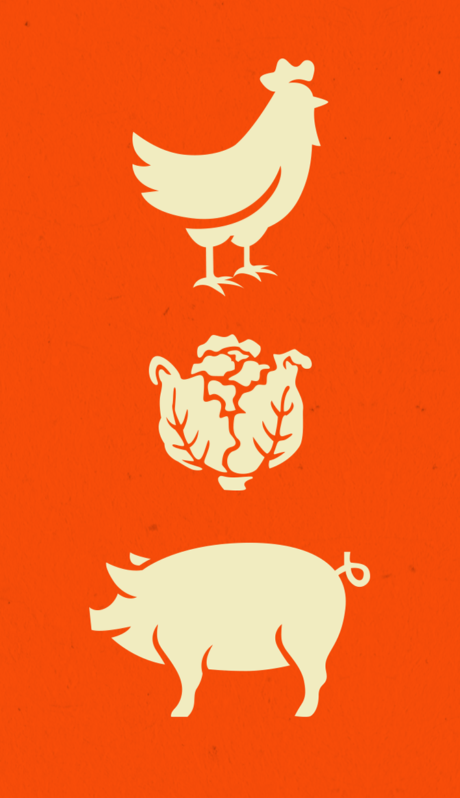 Vertical stack of pale silhouettes: chicken, cabbage, and pig on an orange background.