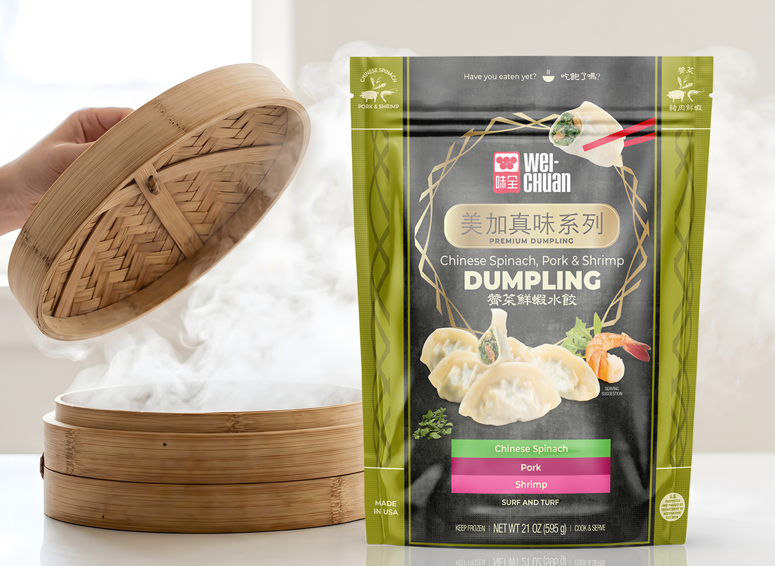Bag of Wei-Chuan Premium Dumpling mix (Chinese Spinach, Pork & Shrimp) steaming in a bamboo basket with steam rising nearby photo shows product packaging and dumplings surface-ready edge-to-edge