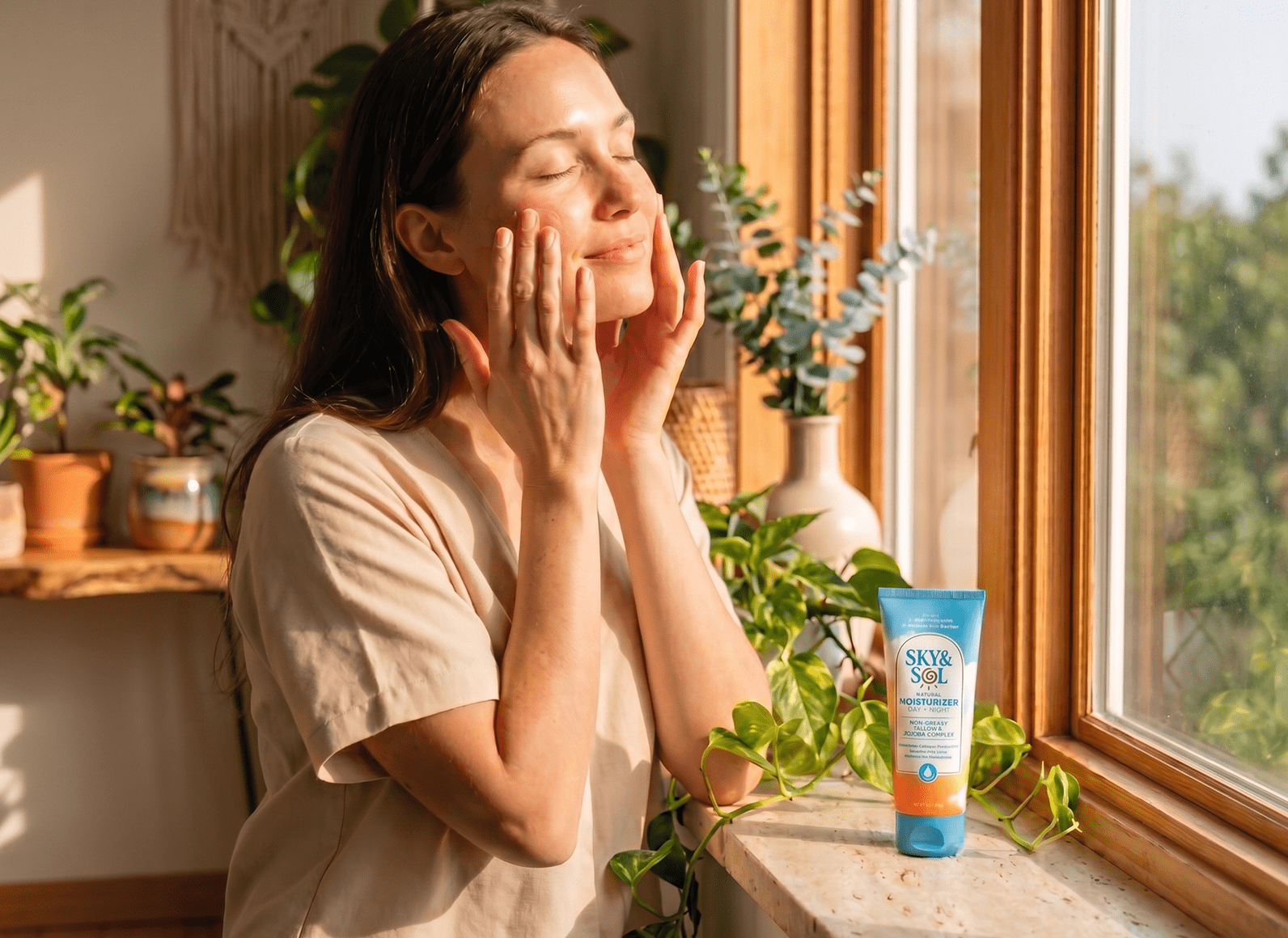 Woman standing by a sunlit window, gently applying moisturizer to her face; a tube labeled 'Sky & Sol Natural Moisturizer' sits on the windowsill nearby.
