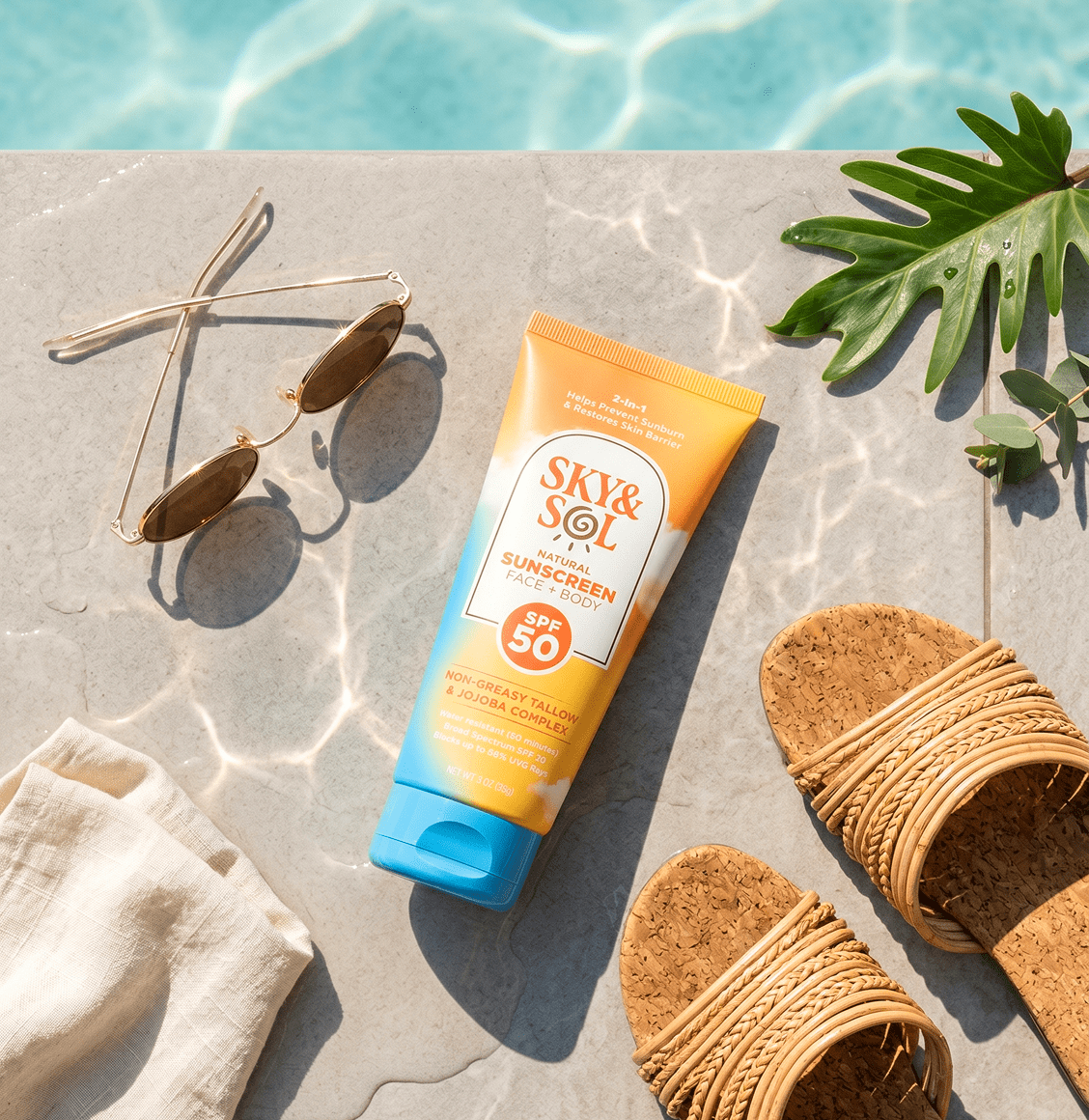 Sunscreen bottle SPF 50 on a poolside surface with sunglasses and woven sandals nearby.