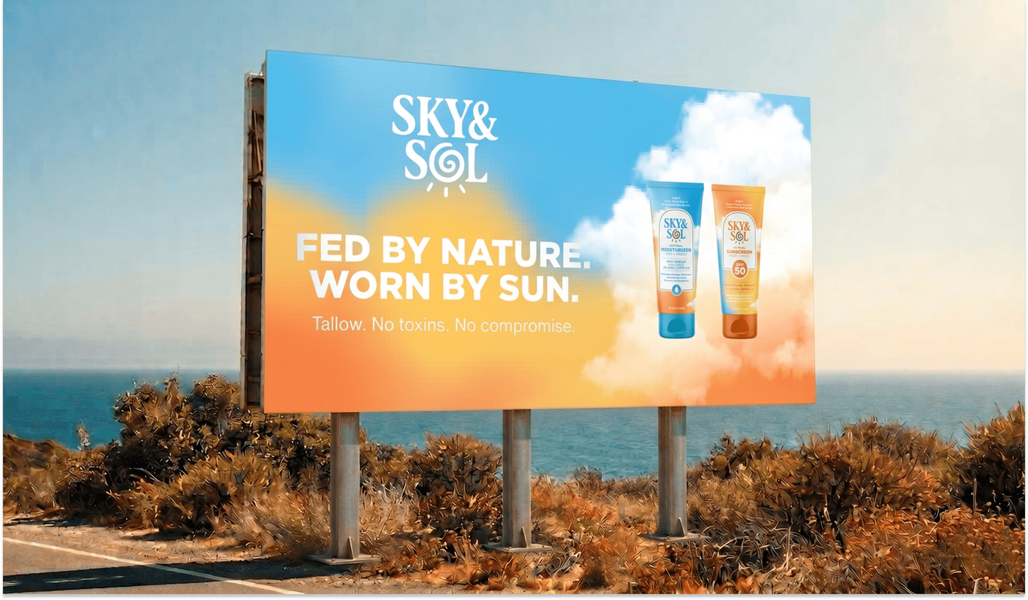 Billboard advertising Sky & Sol sunscreen with the slogan 'Feed by nature. Worn by sun.' by the ocean coast.