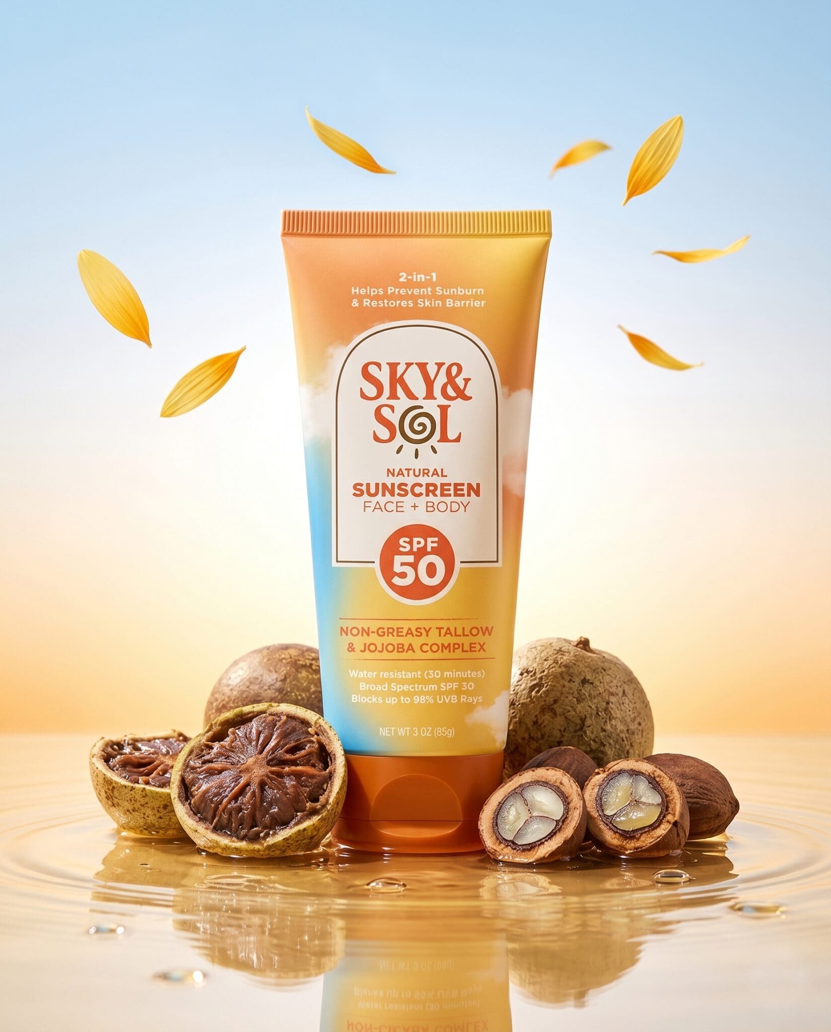 Sky&Sol sunscreen tube SPF 50 stands upright on a reflective surface, surrounded by dried fruit shells against a gradient blue‑orange background.