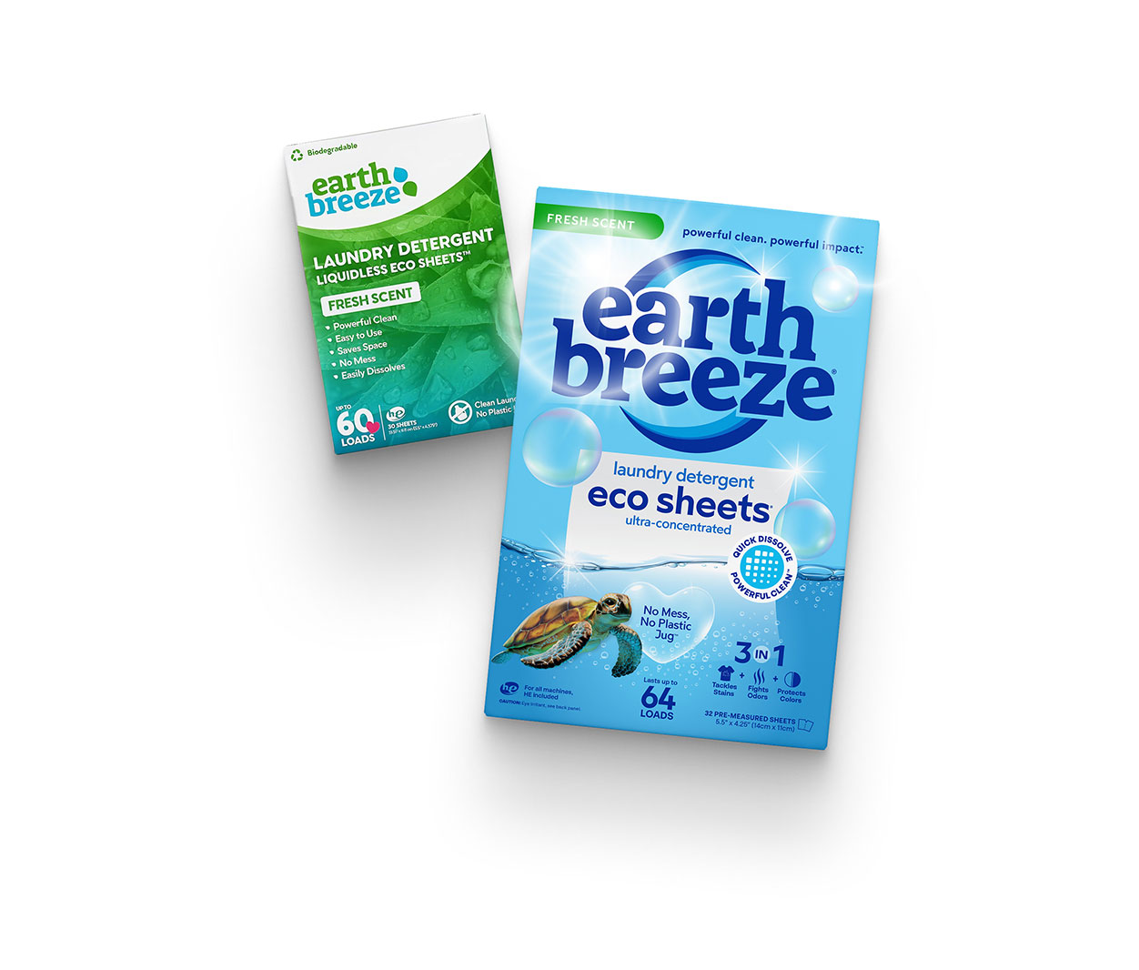 Earth Breeze laundry detergent eco sheets packaging: a blue main box and a smaller green box with bubbles and a turtle graphic.