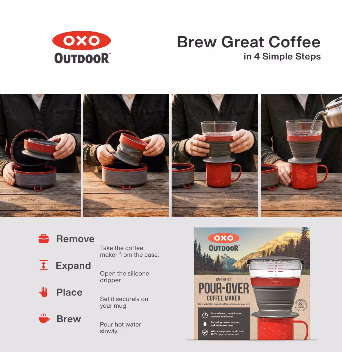 OXO Outdoor Brew banner with four-step photos showing how to assemble a pour-over coffee maker on a wooden table.