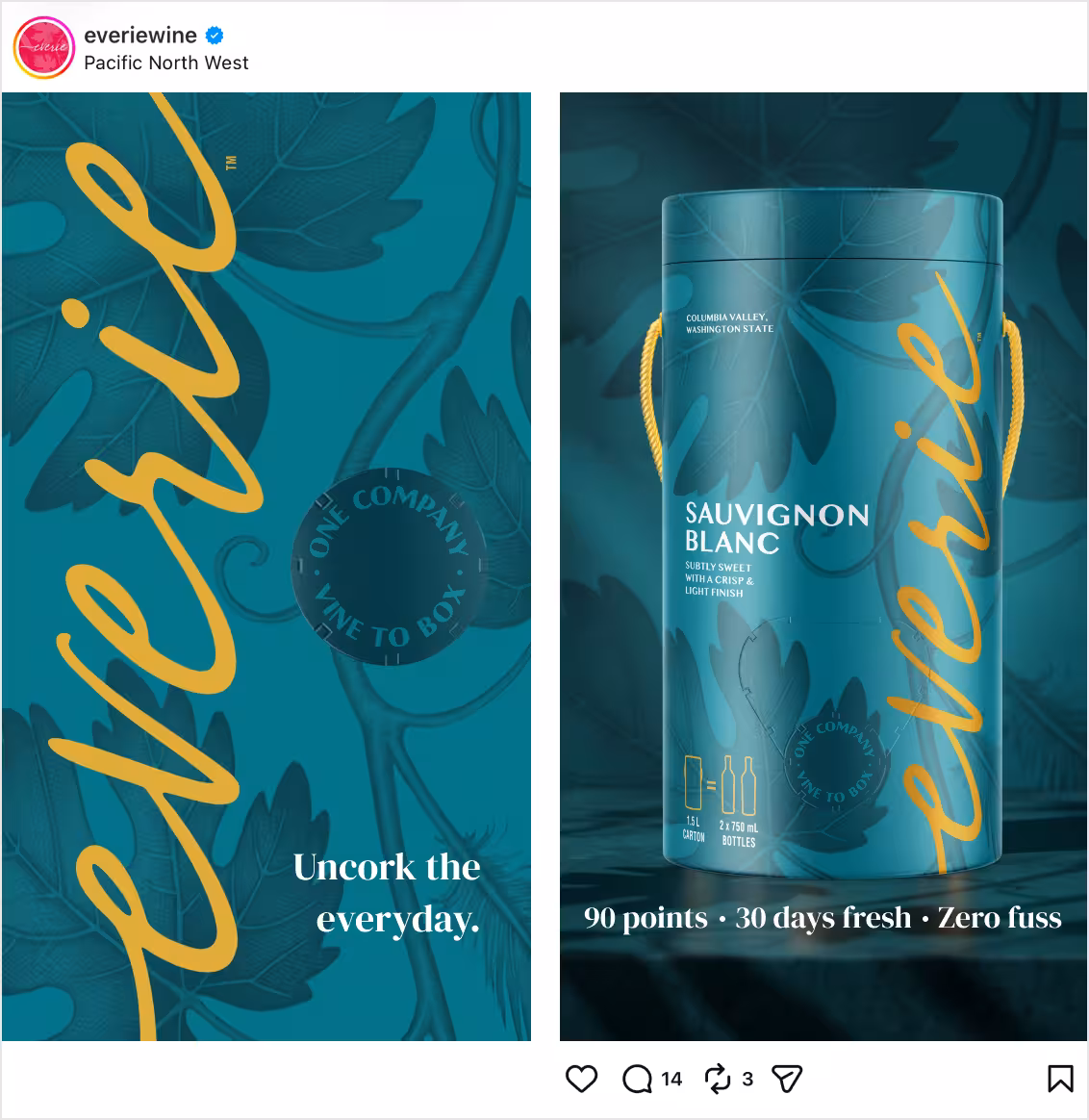 Two teal Everiewine ads side by side: left panel reads 'Uncork the everyday' with gold script, right panel shows a Sauvignon Blanc can with branding and leaves in the background.