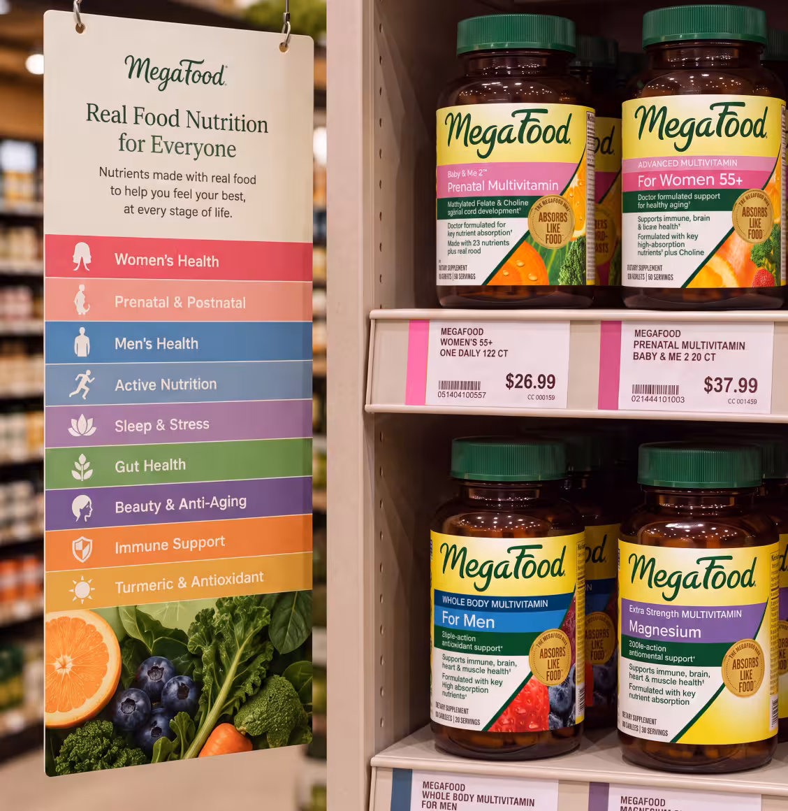 MegaFood vitamin display with a tall color-coded sign reading 'Real Food Nutrition for Everyone' and categories like Women's Health, Prenatal & Postnatal, Men's Health, Active Nutrition, Sleep & Stress, Gut Health, Beauty & Anti-Aging, Immune Support, Turmeric & Antioxidant beside bottles on the shelf.