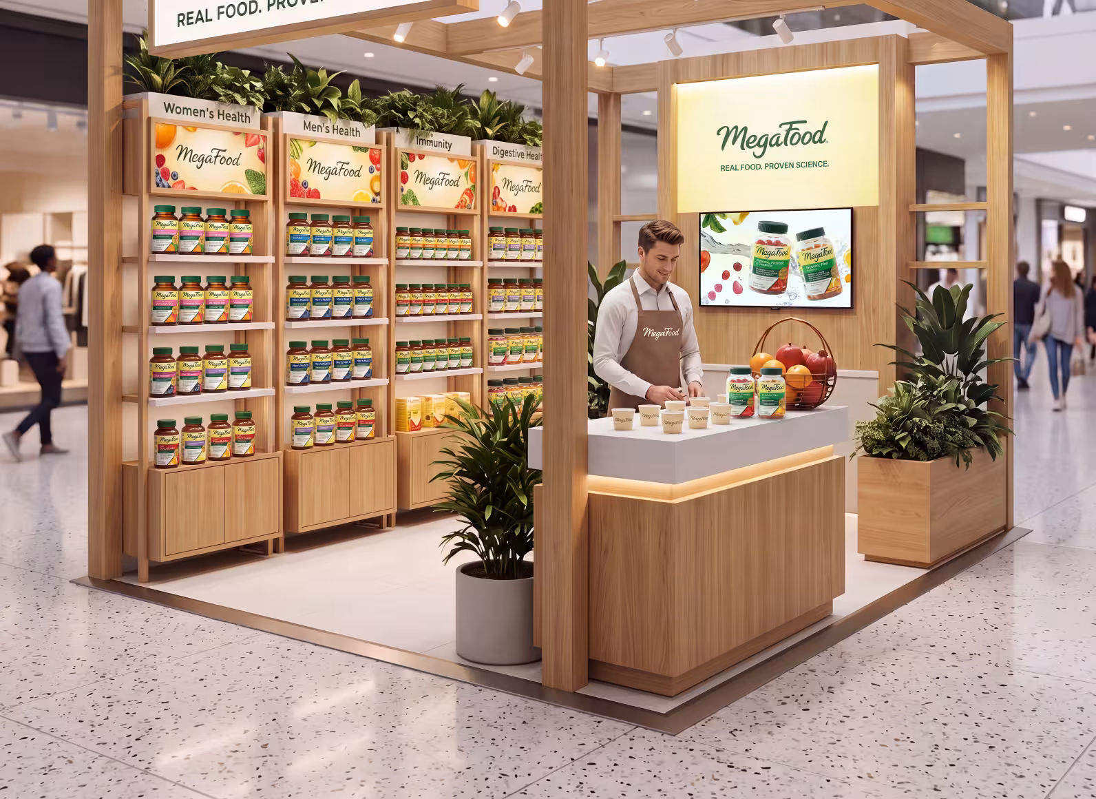 MegaFood booth in a mall with wooden shelves filled with vitamin bottles labeled Women’s Health, Men’s Health, Immunity and Digestive Health