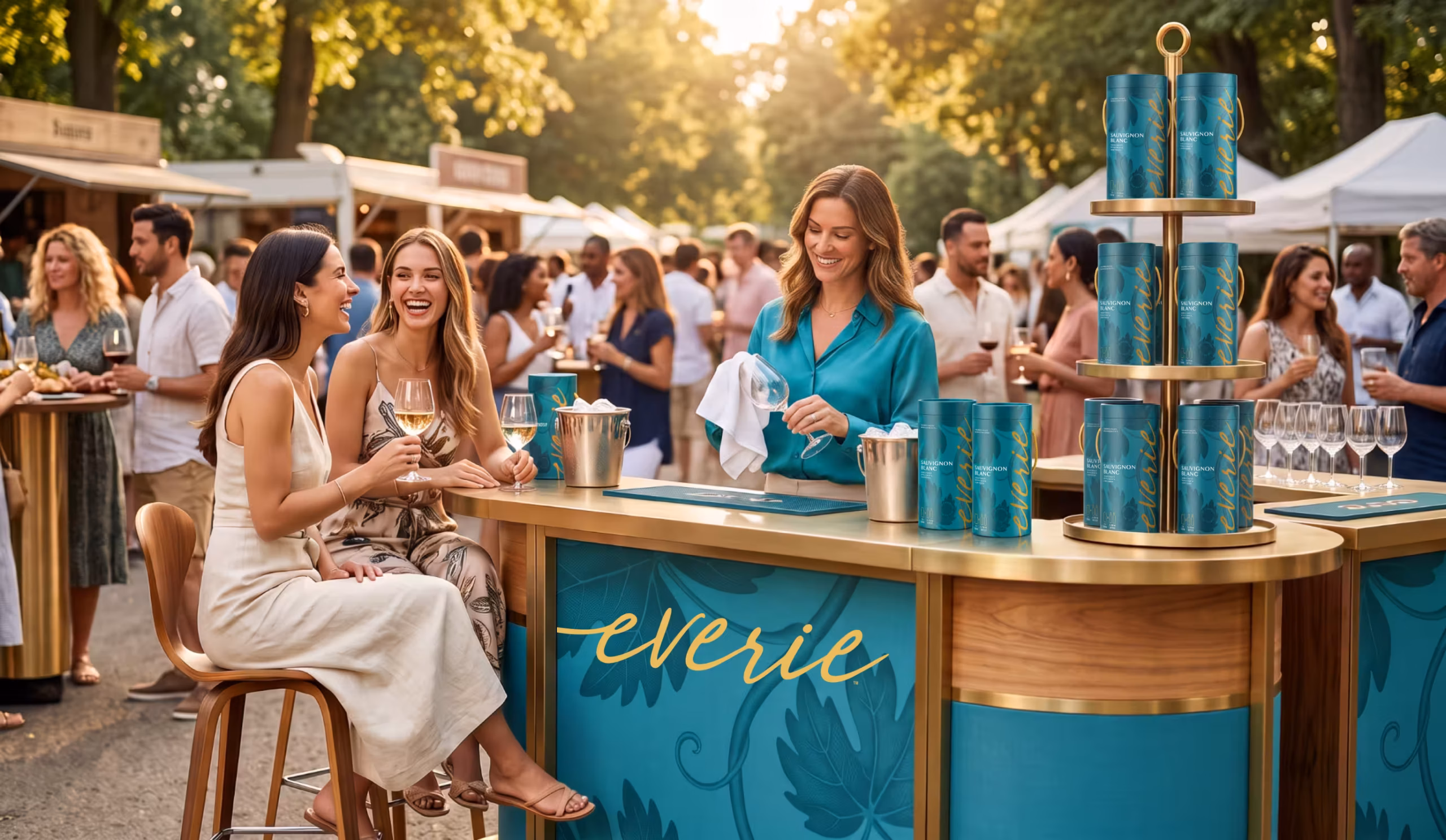 People enjoy an outdoor festival around a teal beverage bar, with a smiling attendant pouring wine for friends holding glasses.