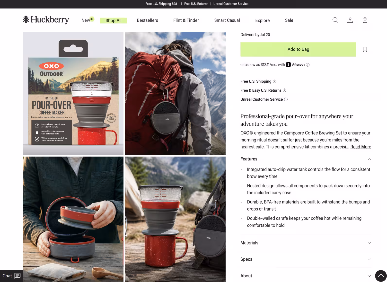 Product collage showing an OXO pour-over coffee maker and accessories in outdoor settings, arranged in a 2x2 grid on a gray-toned background.