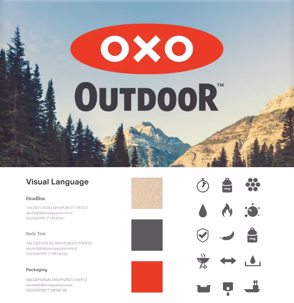 OXO Outdoor branding over a mountain landscape with typography and color swatches, illustrating a visual language guide.