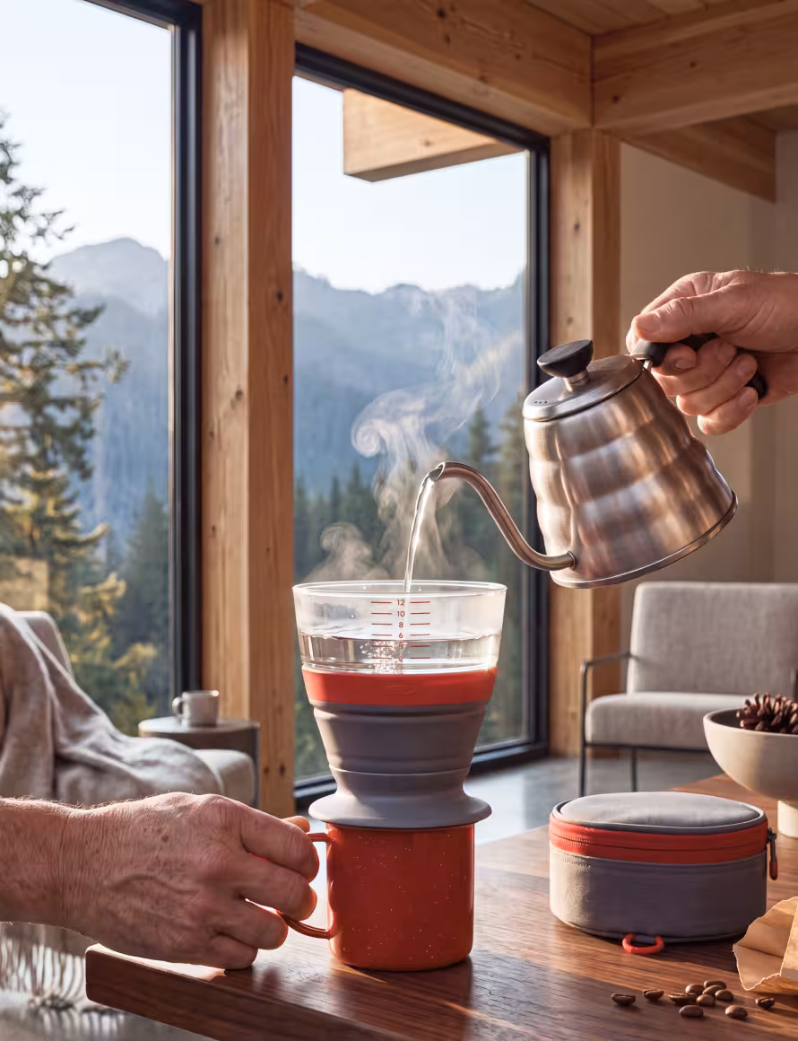 A hand pours hot water from a metal kettle into a pour-over coffee maker above a red mug, with a wooden interior and mountain view through large windows.