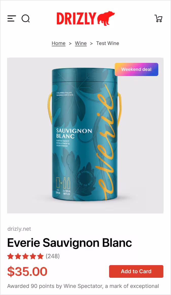 Product image of Everie Sauvignon Blanc bottle in a teal can with yellow script and a Weekend deal badge