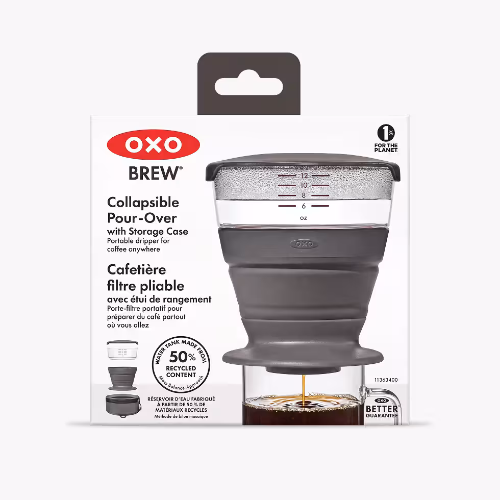 OXO Brew collapsible pour-over coffee dripper with storage case on packaging, with measurement marks and 50% recycled content circle.
