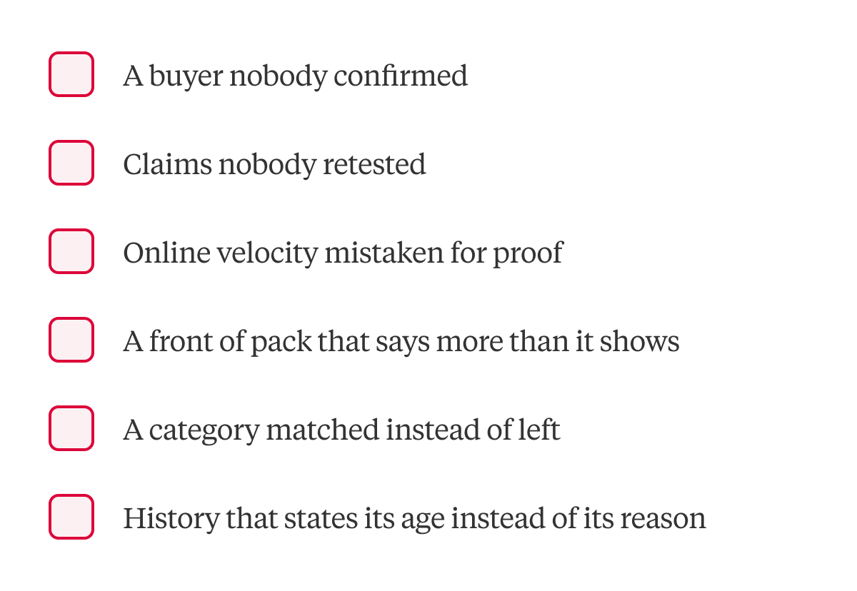 Six bullet lines with pink rounded-square icons, listing six misleading claims (informational graphic).