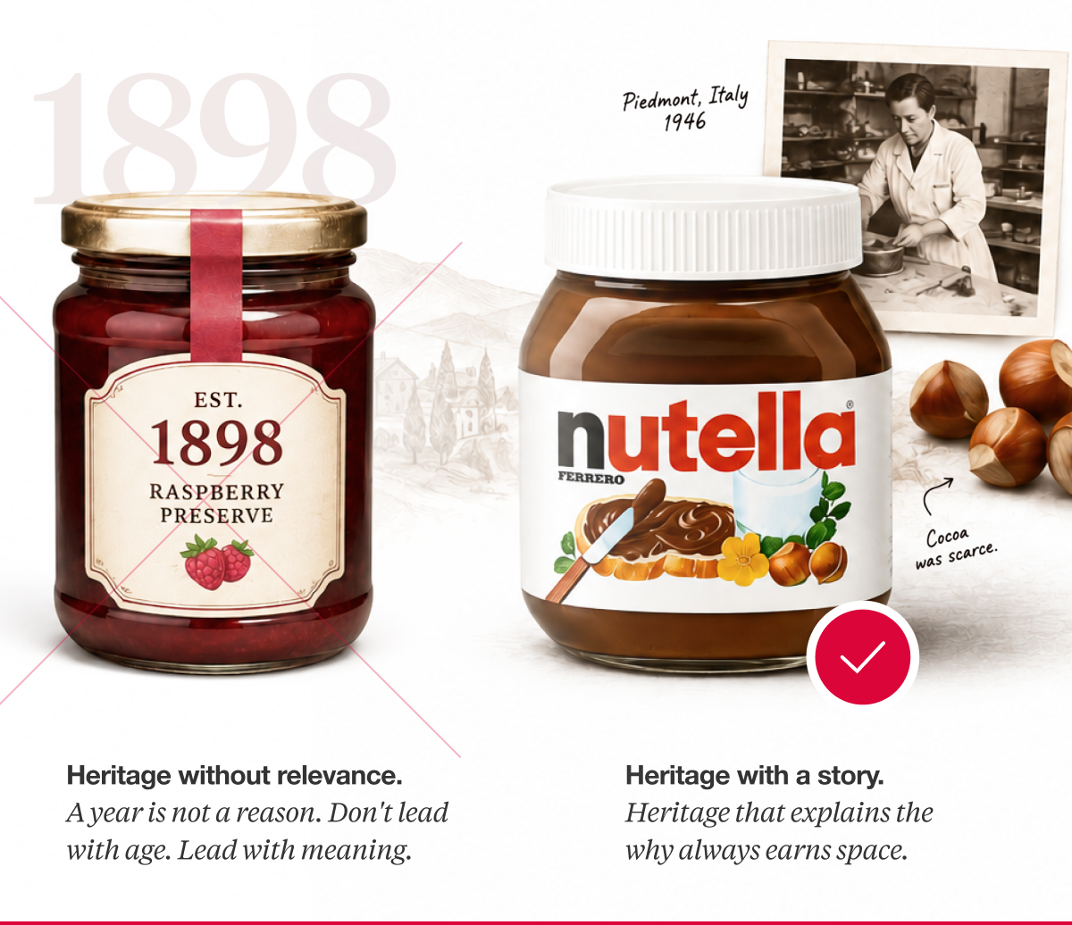 Two jars side by side: raspberry preserve labeled 1898 on left and Nutella jar on right, highlighting heritage with a story versus disregard of heritage.