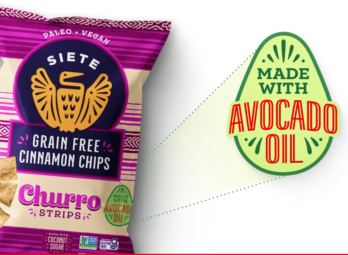 Siete grain-free cinnamon chips bag with avocado oil badge in the corner