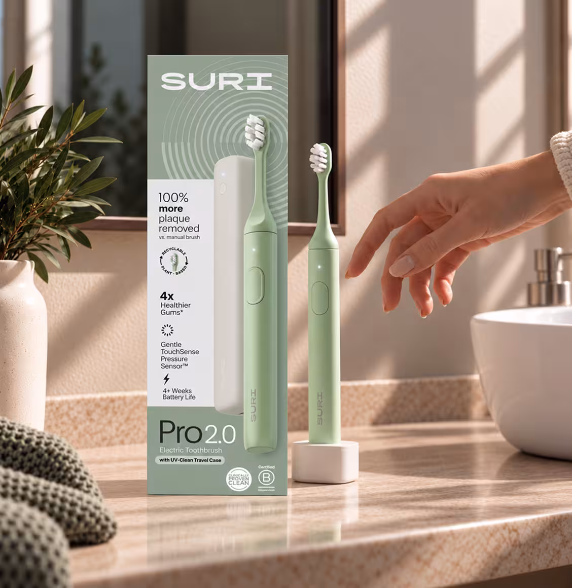 SURI electric toothbrush packaging lifestyle shot