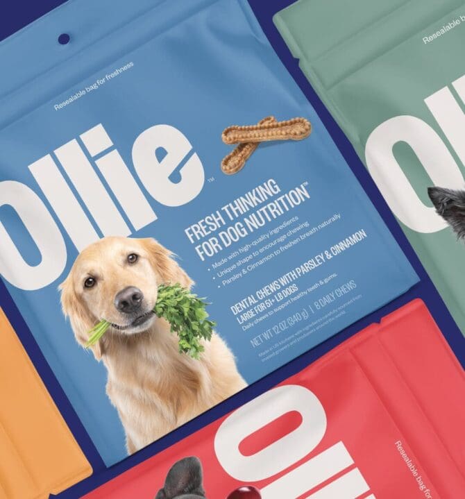 Ollie pet food packaging design case study by SmashBrand, the agency behind the brand's Walmart launch.