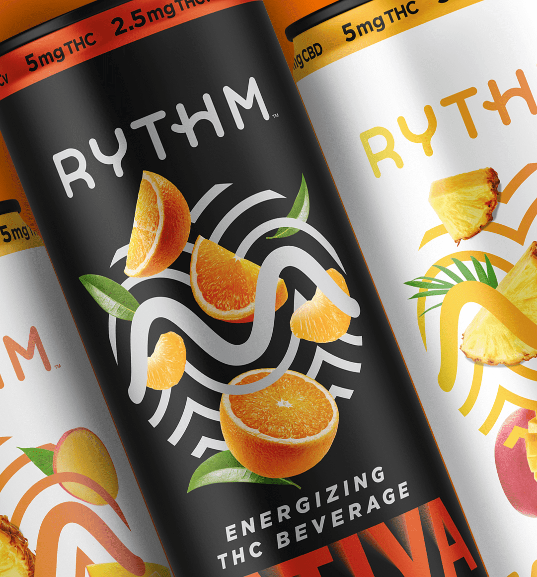 A close-up shot of Rythm beverages' revamped can design.