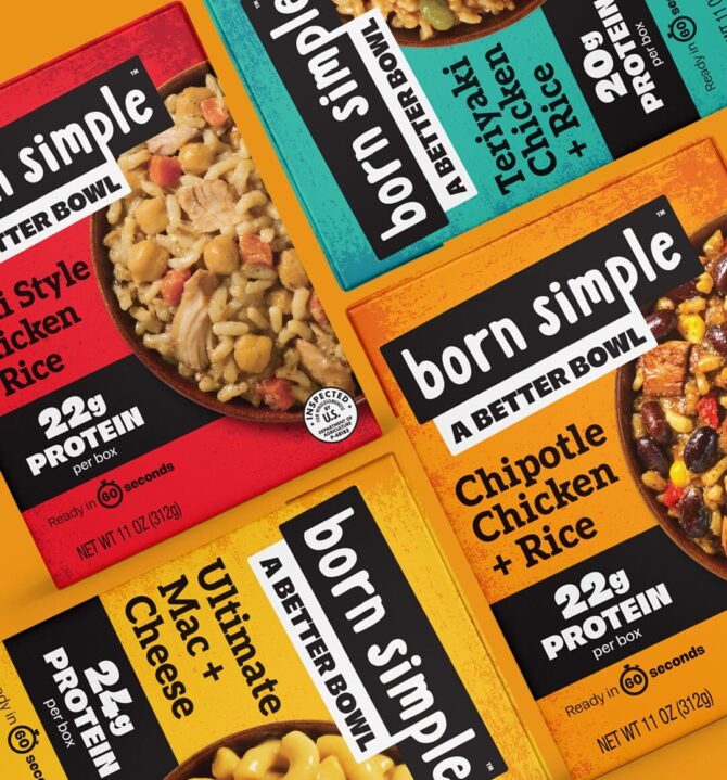 Born Simple ready-to-eat meal packaging by SmashBrand. The CPG packaging design agency delivered a 14-point lift prior to Walmart launch.